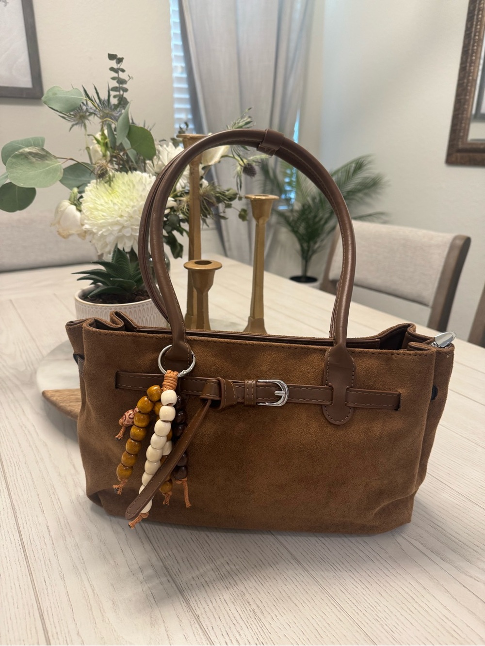 Brown Suede Shoulder Bag with Beaded Charm
